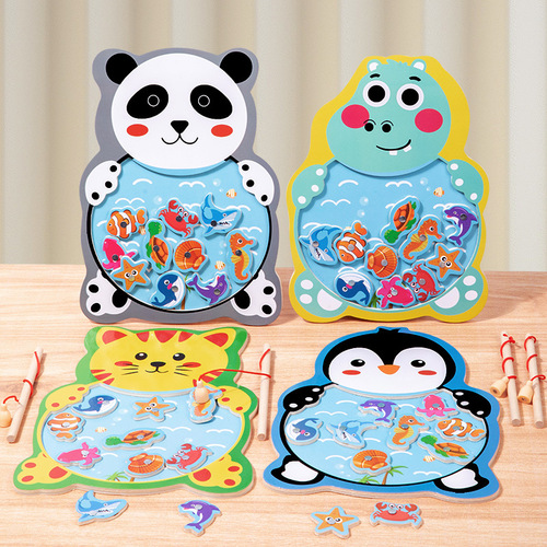 木质儿童磁性小猫钓鱼游戏套装儿童双杆熊猫钓鱼玩具小孩早教拼图