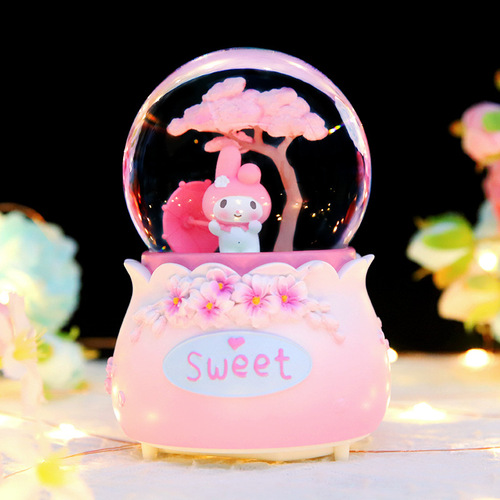 Falling Snow Glowing Music Box Cute Pet Cherry Blossom Tree Rotating Crystal Ball Music Box Desktop Ornament Decoration Gift