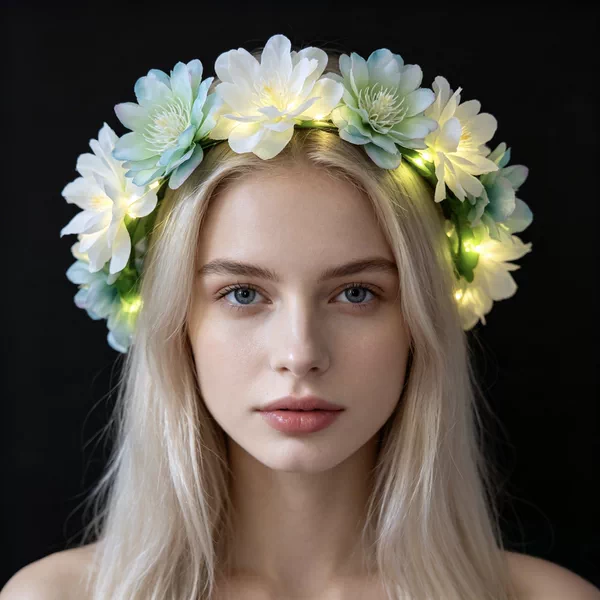 LED light-up floral wreath headband, forest-style white and green artificial flower headband, suitable for scenic area photography, night market parties