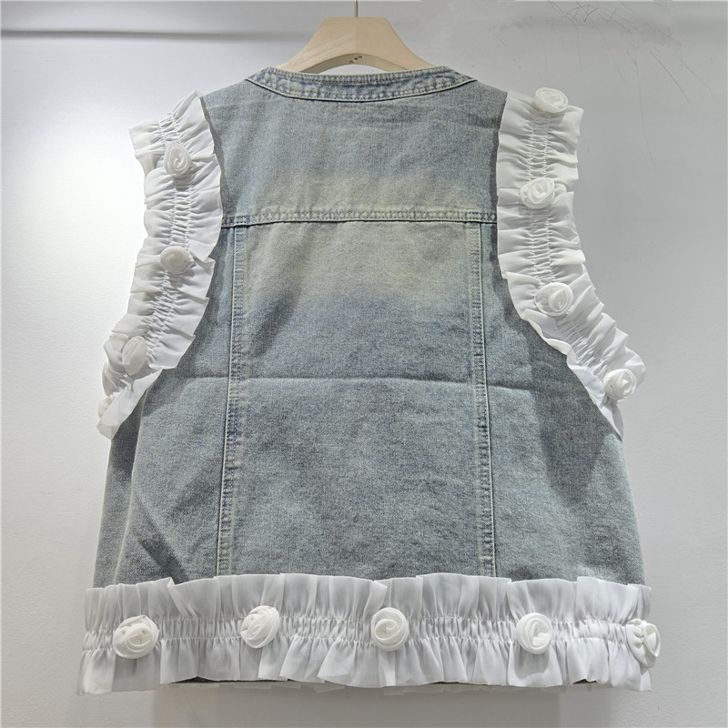 Flor francesa dulce tridimensional diseño de diamante chaleco de vaquero mujer primavera y verano nueva moda extranjera blusa versátil