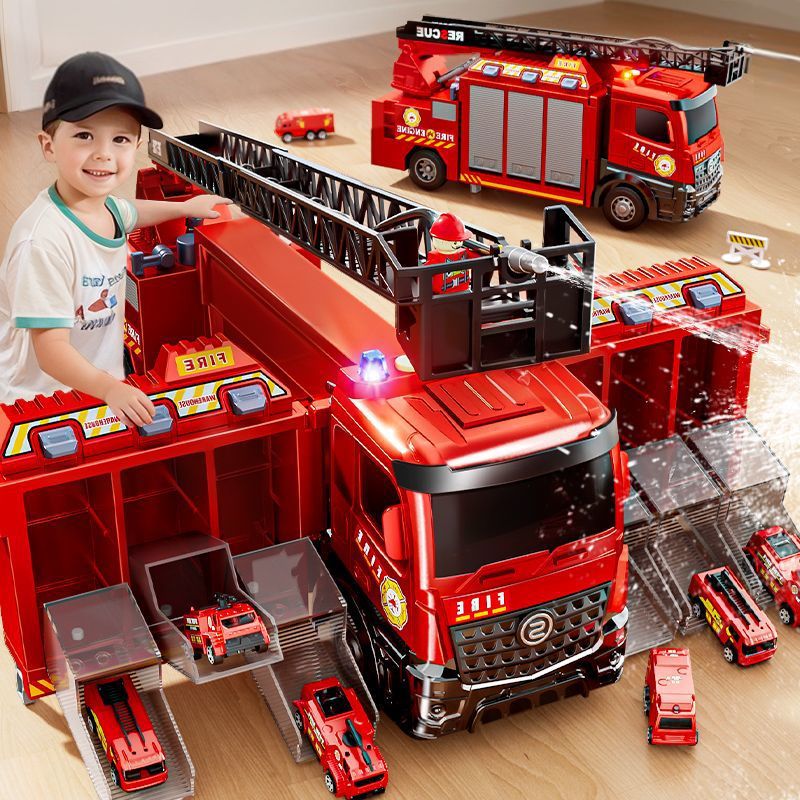 New Multifunctional Fire Truck Toy Boy Large Police Car Track Water Spray Deformation Kidsren's Birthday 6 Multifunctional