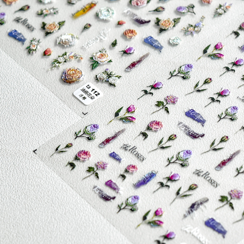 Tomoni Etiqueta de alivio de uñas yeso tridimensional Tulipán hueco retro acuarela Rosa 5D calcomanías de uñas Nuevo