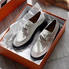 现货秒发！时尚百搭新款韩版圆头锁扣真皮系带粗跟乐福鞋女小皮鞋