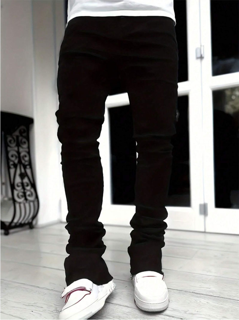 Men's Clothing Comfort Slim Fit Jeans Fleece Lined Thickened High Street Style Slightly Flared Long Pants_mkmklike.com