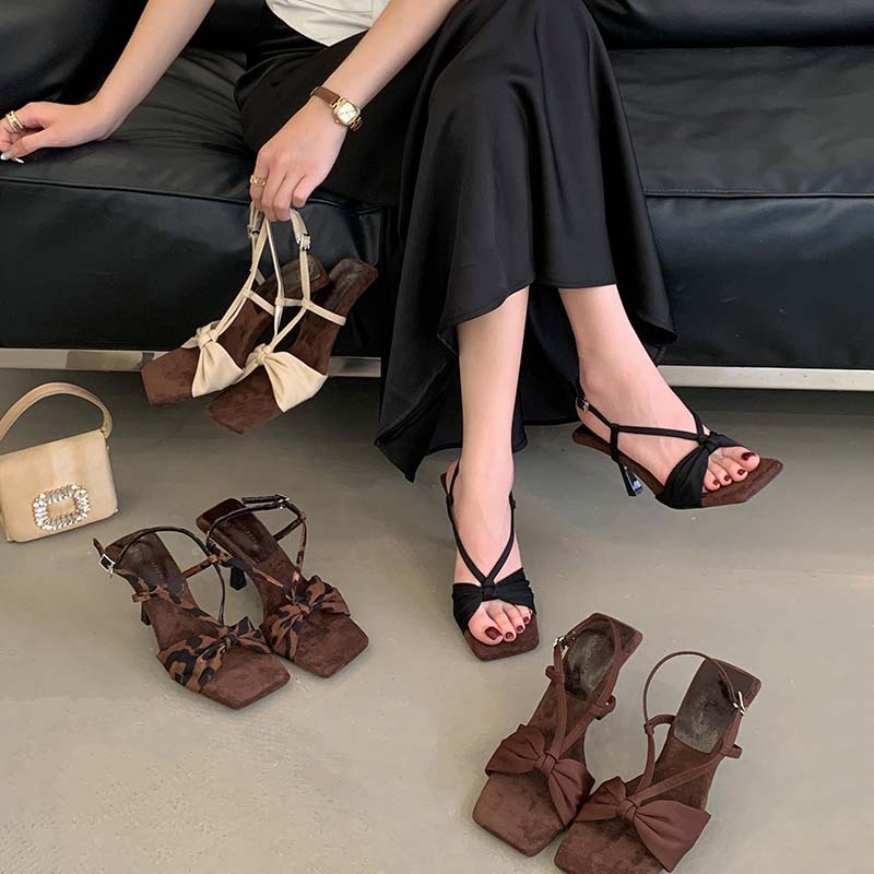 In-Stock Sexy Internet Celebrity Women's Sandals, Open-Toe, Fashionable Square Toe, Thin Heel, Textile Suede, Summer French Elegant Commuter Style for Women