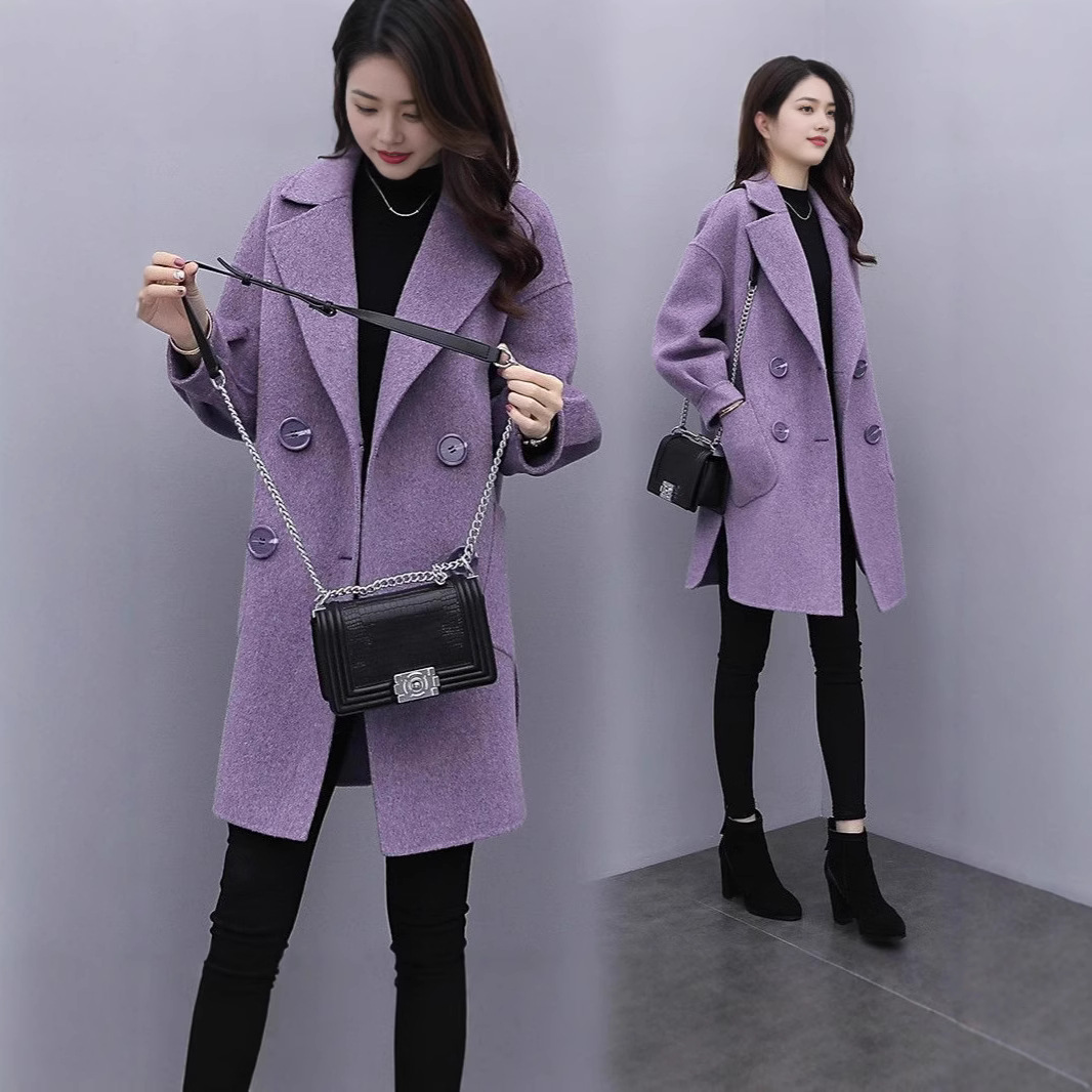 Woolen Coat Women's Autumn and Winter 2024 New Mid-length Lantern Sleeve Small Purple Woolen Coat Women