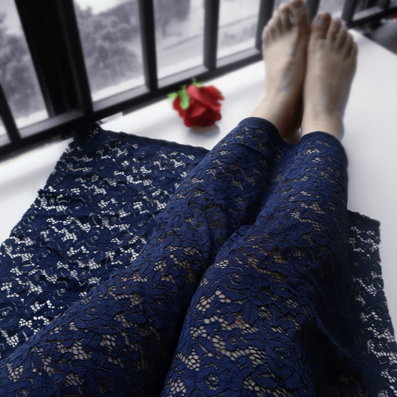 加宽深宝蓝色藏蓝色刺绣弹力蕾丝花边裙子下摆袖子服装布料面料