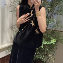 南油批发中式重工立体蜻蜓钉珠时髦立领斜襟彩扣百搭真丝丝绒马甲