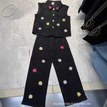 外贸青少年儿童牛仔套装欧洲站重工设计感无袖马甲上衣+高腰牛仔