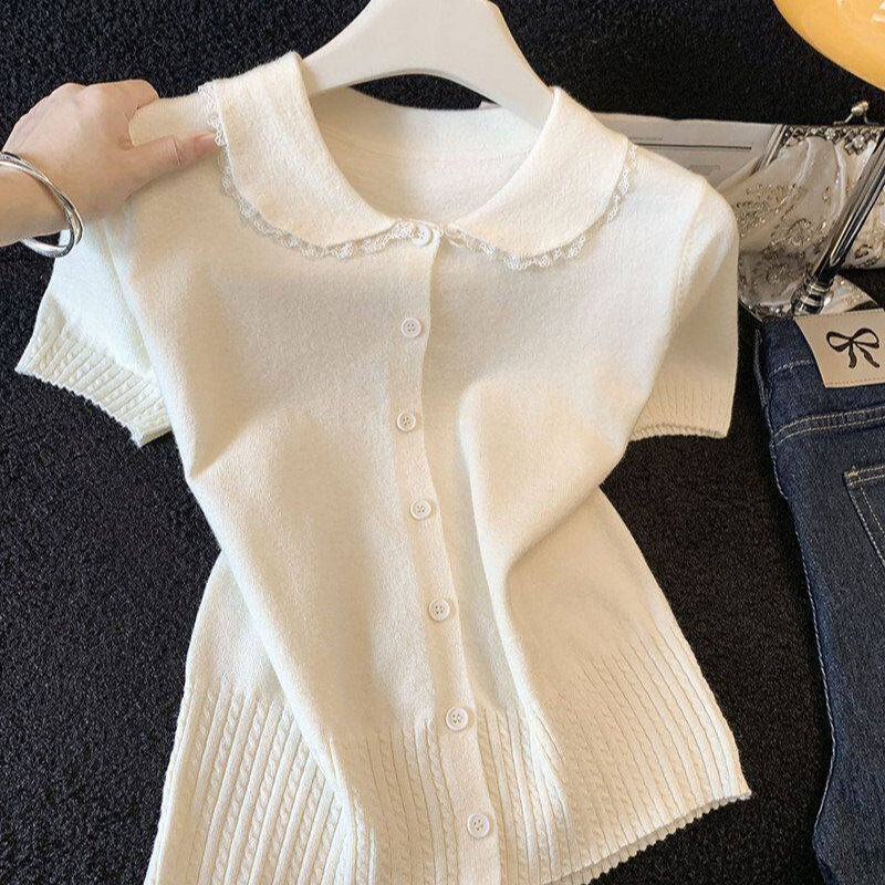 Apricot-Colored Doll Collar Short T-Shirt for Women, Spring and Summer Sweet and Youthful Knit Lace Trim Turn-Down Collar Regular Shoulder Short-Sleeve Top