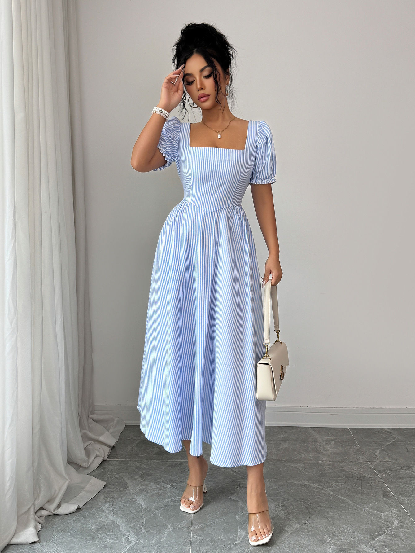 Elegant Blue White Striped Dress Puff Sleeves Women's Spring Summer_ecoleips.com