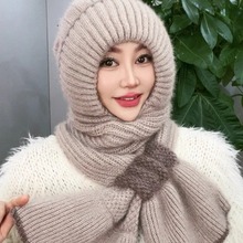 新款保暖秋冬季针织帽围巾帽子一体帽加绒加厚女护耳护颈防寒风雪