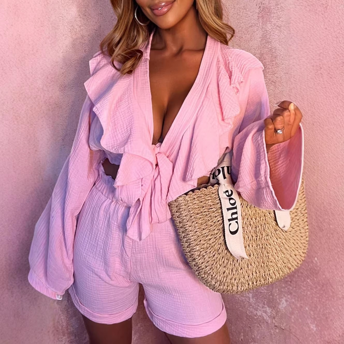 2026新款欧美跨境两件套皱布翻领荷叶边系带长袖衬衫高腰抽绳短裤