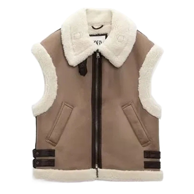 Europa y América estilo de la calle solapa de lana costura Chaleco de moda personalizada ropa de mujer Otoño e Invierno Nuevo Chaleco de piel sintética