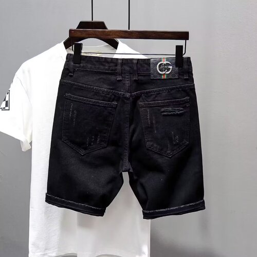 Chic Men's Casual Hole-punched Five-pocket Summer Versatile Slim Fit Rebel Black Denim Shorts