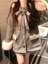 冬日恋曲 冬装新款日系甜美学院风红波点大毛领连帽毛呢大衣外套