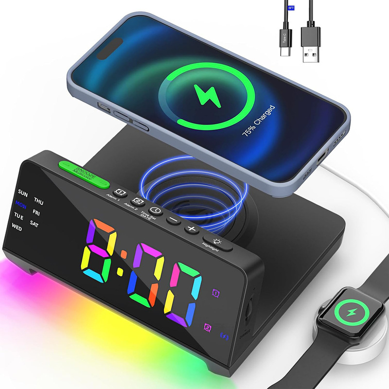 デュアルUSB-Cポート、デュアル目覚まし時計、ナイトライト、フル調光ディスプレイ、カレンダー、昼寝機能、ワイヤレス充電機能付きデスクトップ|undefined
