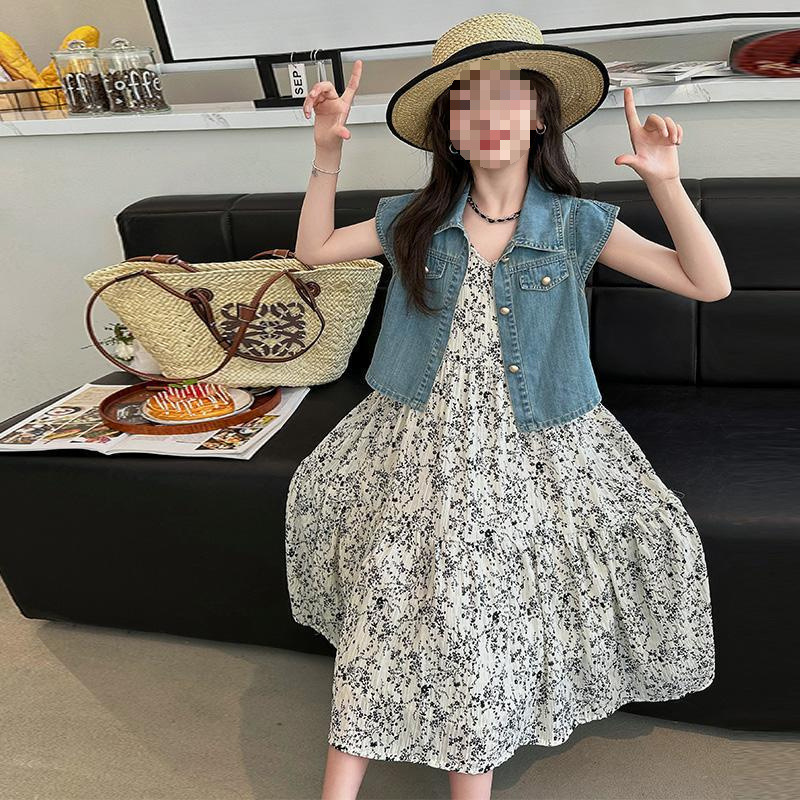 Girls Summer Dress Girls Big Children Denim Floral Two-Piece Princess Skirt Summer