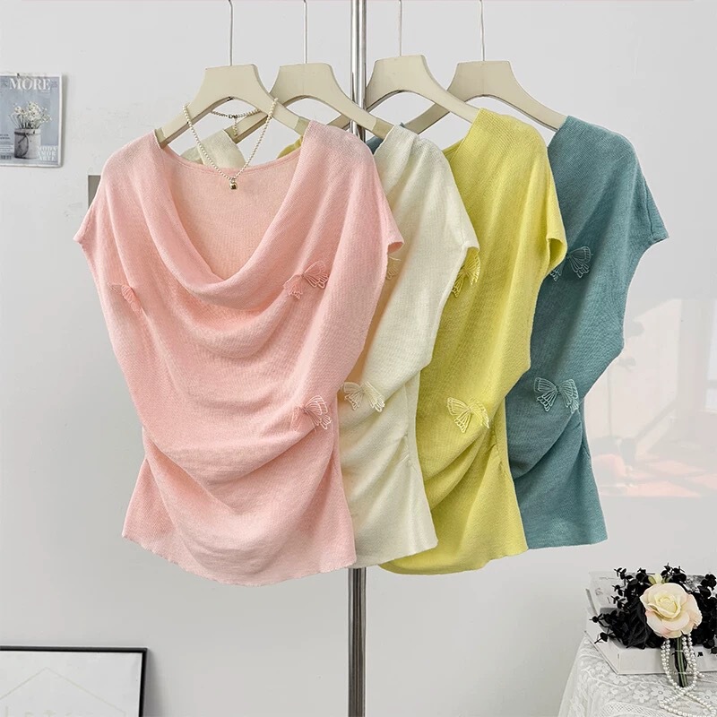 Design Sense Three-Dimensional Bow Swing Collar Knitted Sweater Summer New Wrinkled Waist Slim Slim Belly Covering Top
