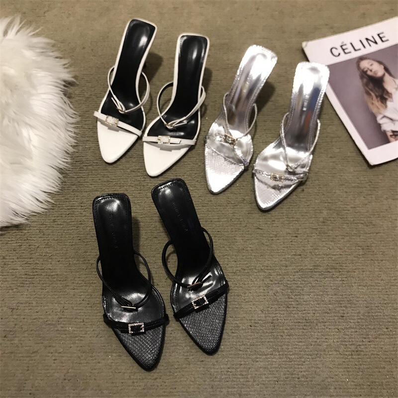Women's high-heeled sandals with silver rhinestone pointed stiletto heels 2023 Summer new sandals for women