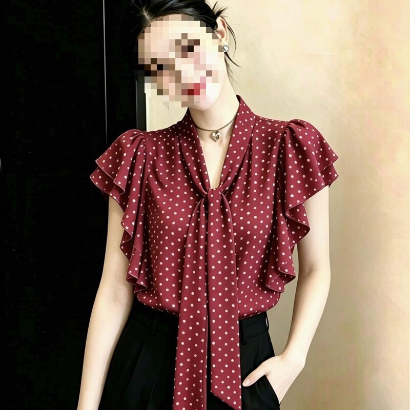Plus-Size Korean-Style Polka Dot Print Ribbon Shirt for Women, Summer Black Slimming Top with Ruffled Sleeves, Chiffon Blouse Plus-Size Korean-Style Polka Dot Print Ribbon Shirt for Women, Summer Black Slimming Top with Ruffled Sleeves, Chiffon Blouse