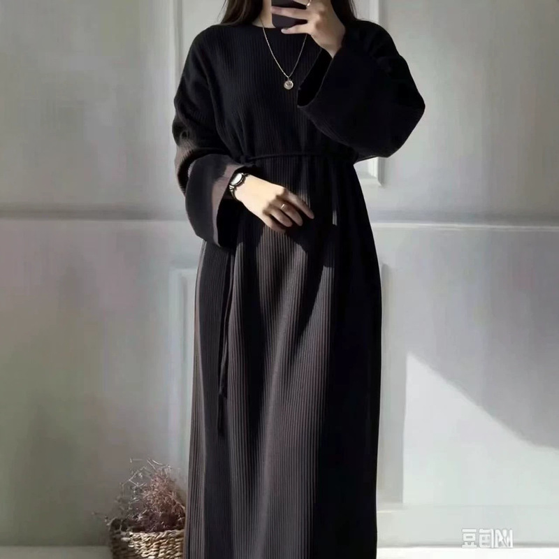 In-Stock High-Quality 2026 New Plus-Size Women's Spring and Autumn Tie-Waist Solid Color Ribbed Knit Dress In-Stock High-Quality 2026 New Plus-Size Women's Spring and Autumn Tie-Waist Solid Color Ribbed Knit Dress