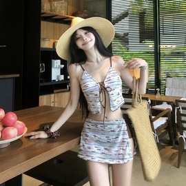 2025新款纯欲分体泳衣女士高腰露背小清新比基尼短裙细带套装