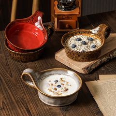 Retro underglaze double-handle salad bowl, wholesale household dessert cups in leopard print with kiln-change effect, Japanese-style breakfast mugs and yogurt cups made of ceramic