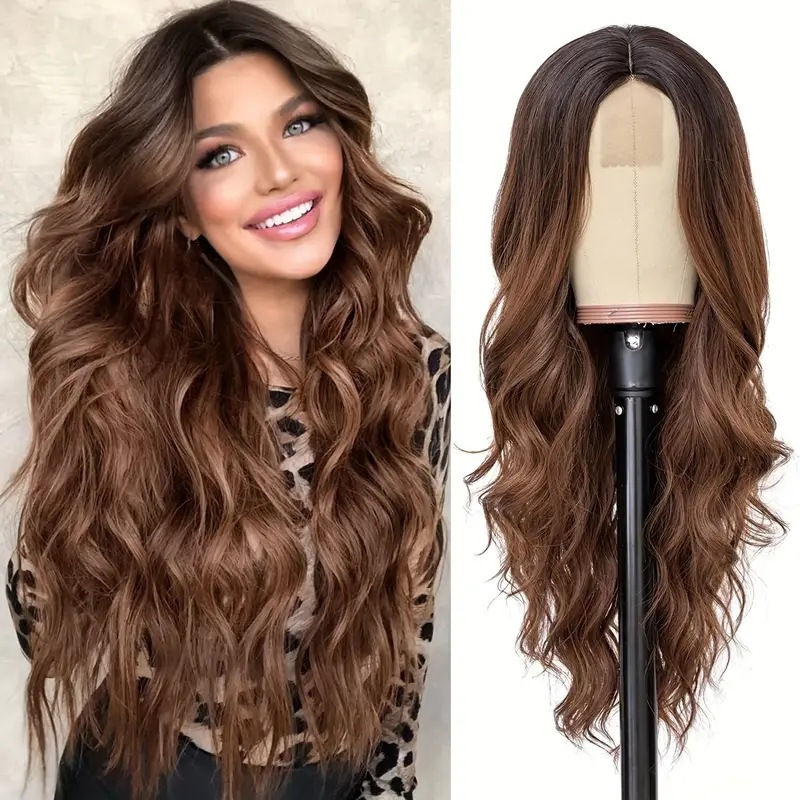 Peruca feminina longa e cacheada, estilo europeu/americano, com extensão para toda a cabeça, mechas com risca central, ondas grandes e degradê, sintética e com presilha._voghion.com