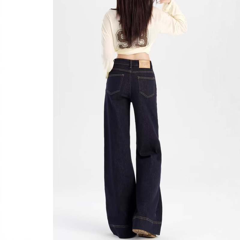 Denim-Colored American-Style Loose Wide-Leg Slightly Flared Jeans for Women, 2025 New Elastic Lazy Casual Floor-Length Pants