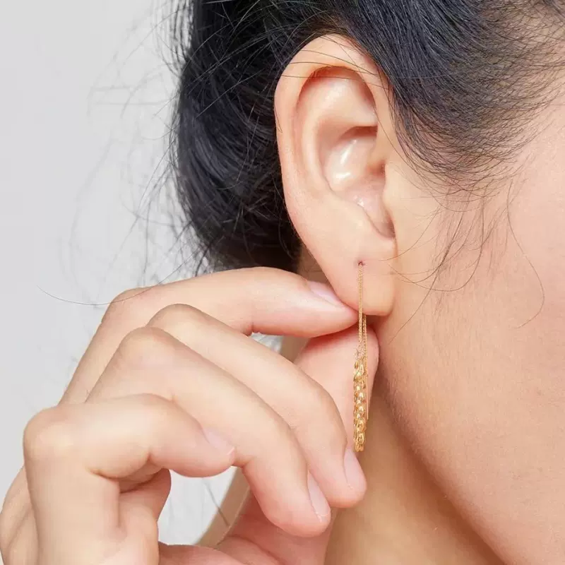 18k金凤尾耳线au750彩金肖邦麦穗长款流苏耳饰女爆款引流水贝批发