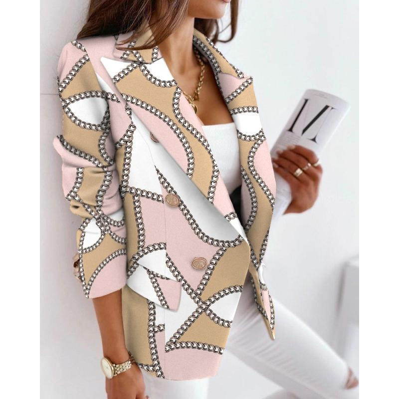 Autumn and Winter New Long Sleeve Double Breasted Fashion Casual Printed Small Suit Women's Slim Fit Woolen Jacket