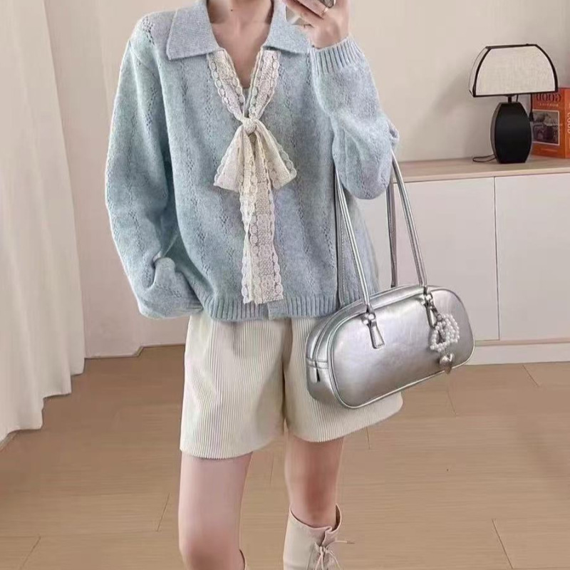 薄款早秋设计感polo领针织衫女韩版慵懒风宽松上衣蕾丝系带毛衣女|undefined
