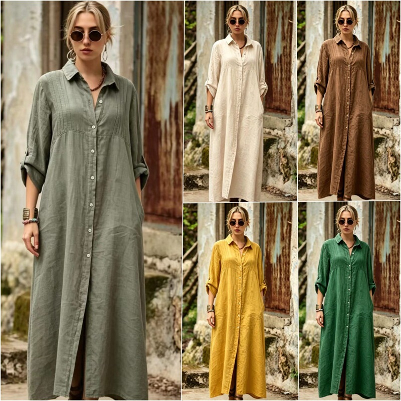 Amazon European and American New Style Solid Color Shirt Collar Long-Sleeve Elegant Simple Loose Fashion Long Dress Amazon European and American New Style Solid Color Shirt Collar Long-Sleeve Elegant Simple Loose Fashion Long Dress