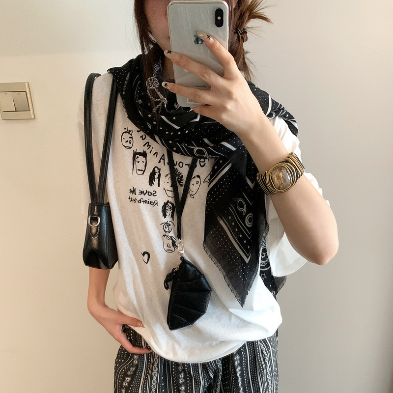 复古黑色印花屁帘丝巾女韩系慵懒风薄款披肩小众系脖围巾配饰腰带|undefined