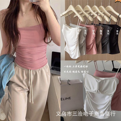 韓社#6603百搭bra細肩小吊帶修身褶皺胸墊一體杯性感打底吊帶背心