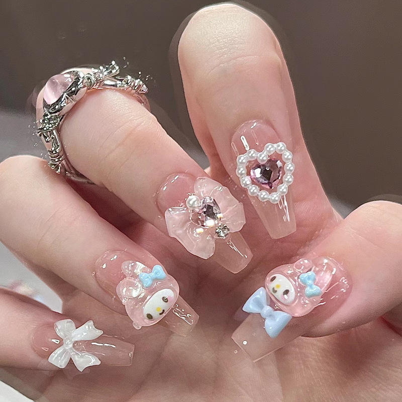 Cartoon Dopamine Wearable Nails Pink Cute Girl Kawaii Melody Manicure Nail Stickers Fake Nails