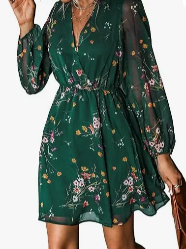 Women's Mini Dress Casual Spring V-Neck Chiffon Long Pastoral Sleeve Flowy Spring Dress