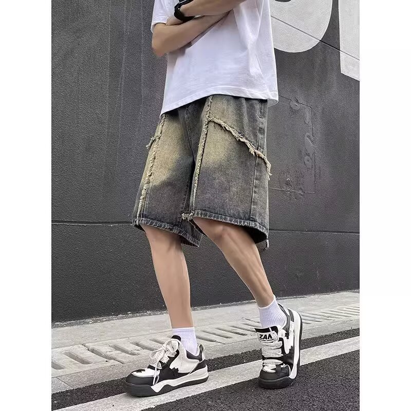 Men's Retro Style Distressed Denim Shorts Frayed Wash Loose Fit Five Point Summer American Style Pants_mkmklike.com
