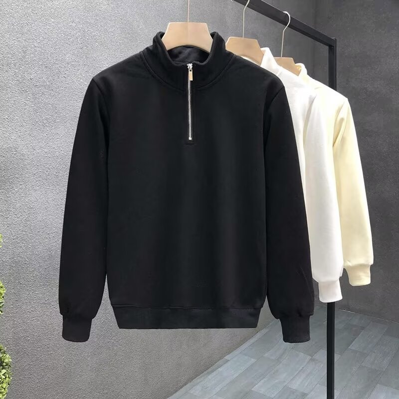 Trendy Brand Hong Kong Style Solid Color Long-sleeved Shirt Men's Fashion American Retro Loose Half-zipper Sweater_viptrois.com