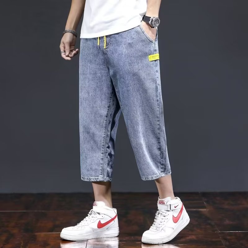 Nueva tendencia de mezclilla de verano para hombres, pantalones cortos de talla grande y rectos sueltos, marca de moda para hombres, pantalones medios de 7 puntos, estilo fino de verano