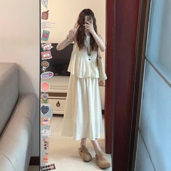新中式两件套圆领无袖背心连衣裙套装女夏季清冷感禅意a字长裙子