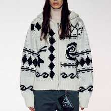 玫瑰麋鹿提花针织开衫毛衣女设计感连帽拉链外套上衣长袖