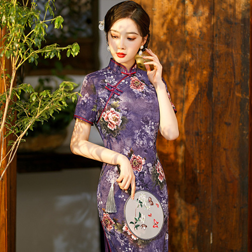 Retro Chinese Dress oriental Cheongsam for women long split cheongsam flowers peony improved Chinese style dress personality