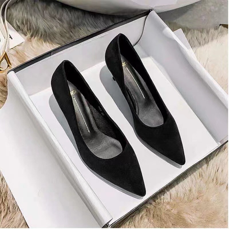 High heels black women's 2022 summer stiletto suede single-layer shoes velvet interview formal wear professional student dress shoes