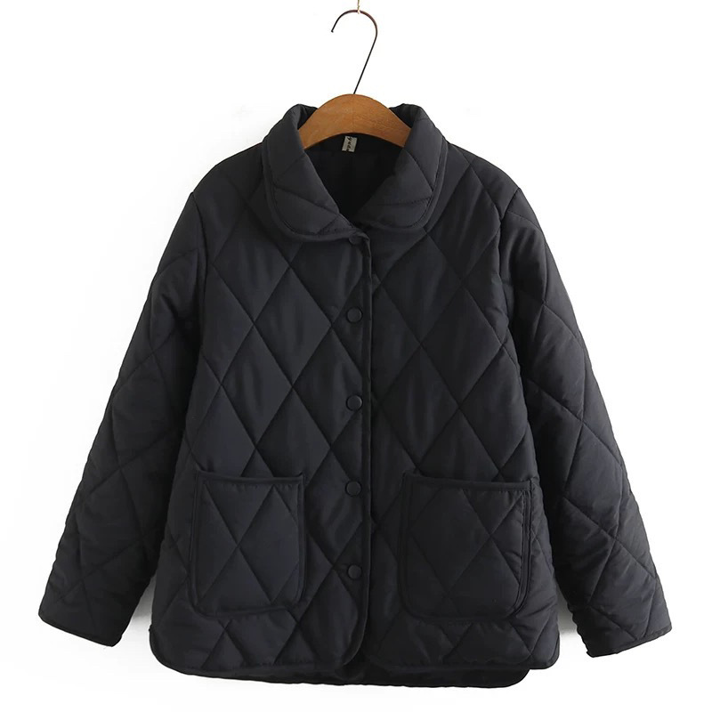 Spring and Autumn Cotton-Padded Jacket with Diamond Pattern, Lightweight Cotton Coat with a Turn-Down Collar for Middle-Aged Women and Mothers