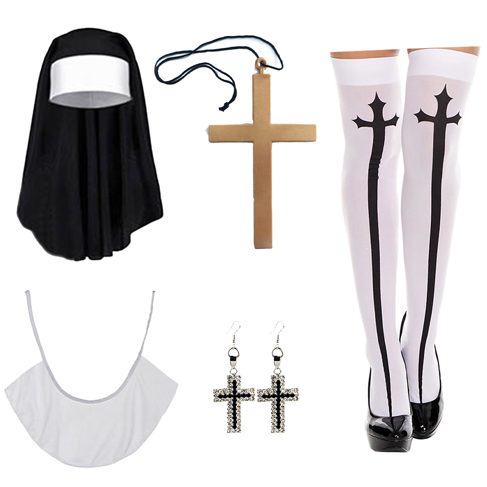 Halloween sexy cosplay monjas juegan disfraz ropa pañuelo calcetines collar crucifix set