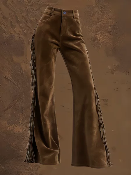 Cross-Border European and American Amazon Popular Women's Retro Western Tassel Deerskin Velvet Bell-Bottom Casual Trousers