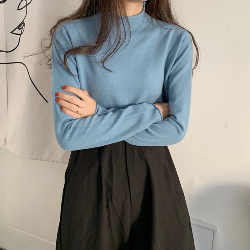 Half Turtleneck Candy-Colored Western-Style Sweater with Women's Autumn and Winter Knitted Bottoming Shirt, Lazy Style Loose Long-Sleeved Top