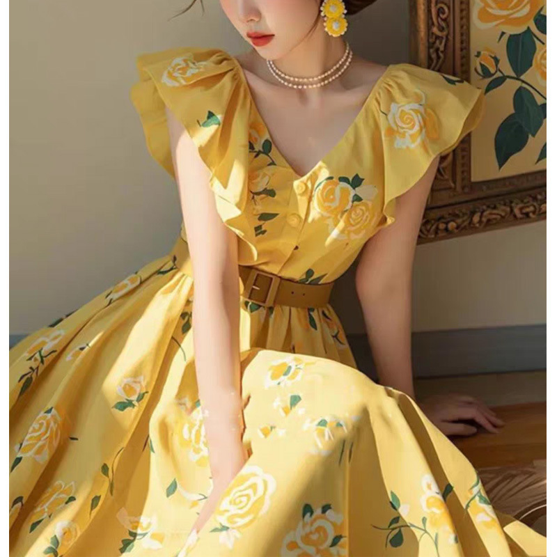 Summer French Niche Not Bumping Beach Seaside Vacation Yellow Rose Print Fly Sleeve Dress Women's Clothing